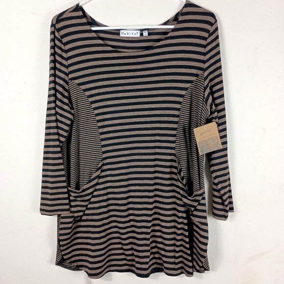 Habitat Tops - Habitat Striped Tunic Top Womens M Nutmeg Black Lagenlook Artsy Pockets NEW